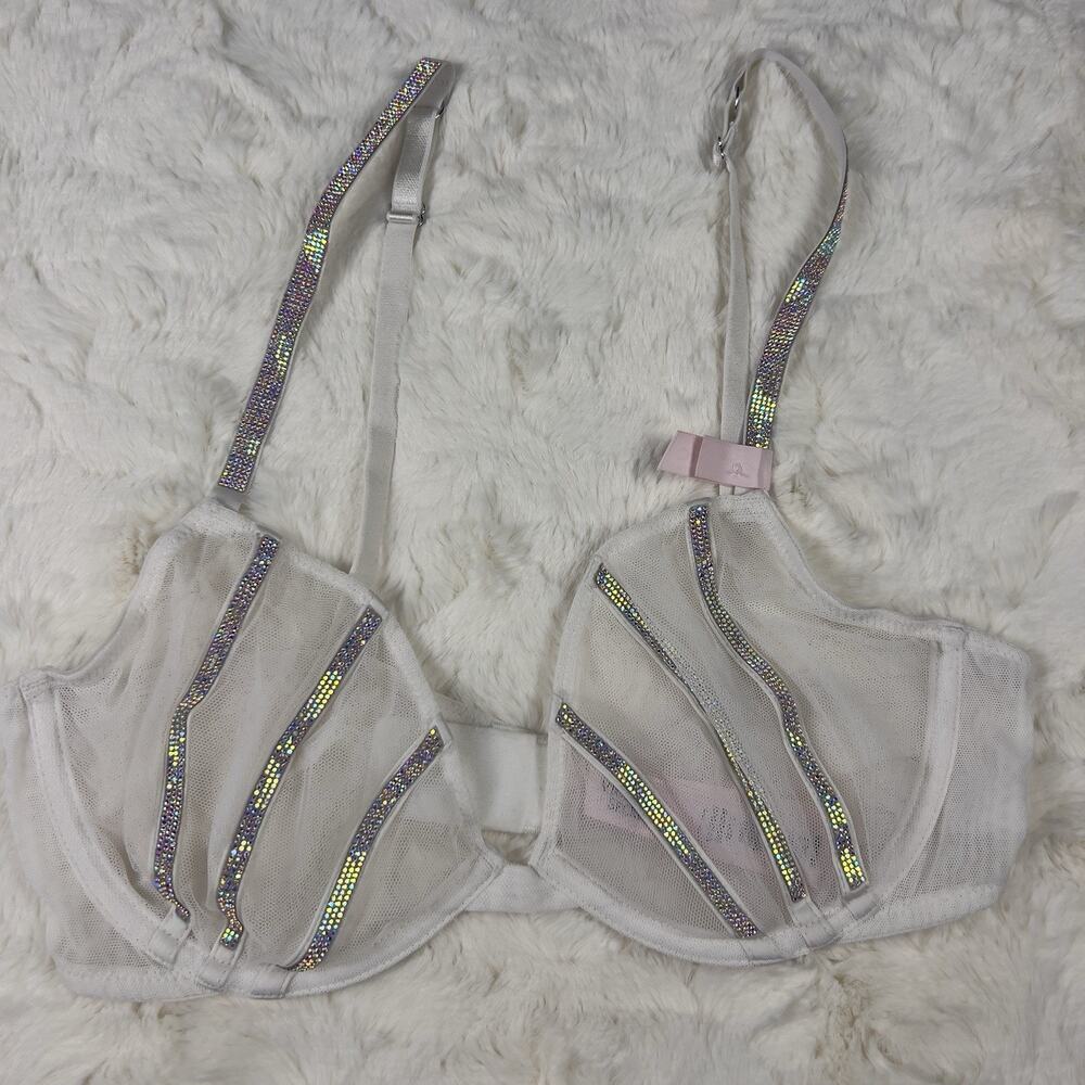 Victoria's Secret Bra Very Sexy Low Cut Demi White Mesh Shine Strap 34DDD‎ NWT
